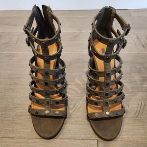 BCBGeneration Chasta Studded Olive Green Caged Heeled Sandals